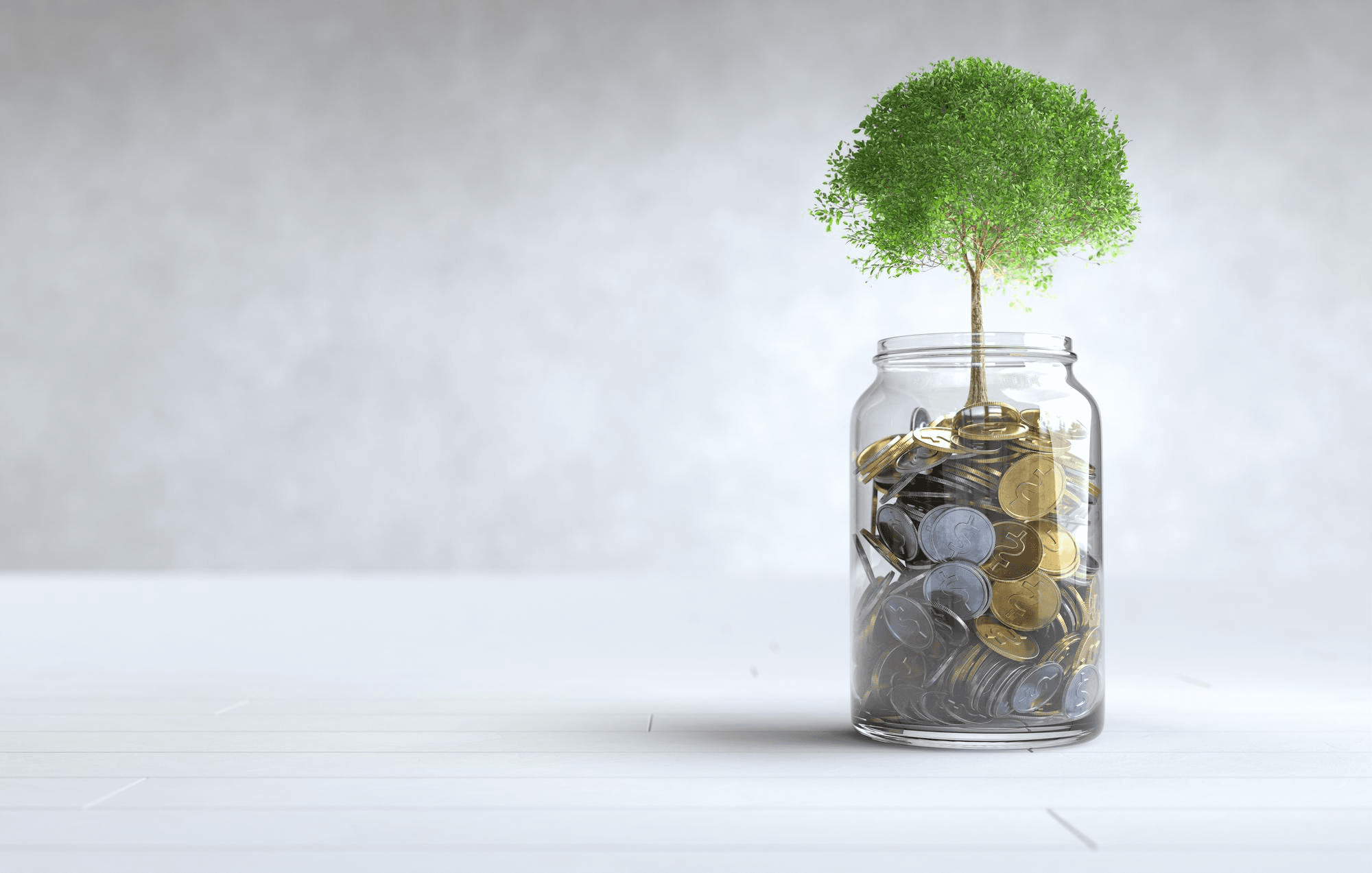 Coins in a jar growing into a tree symbolizing SIP investment and wealth growth.