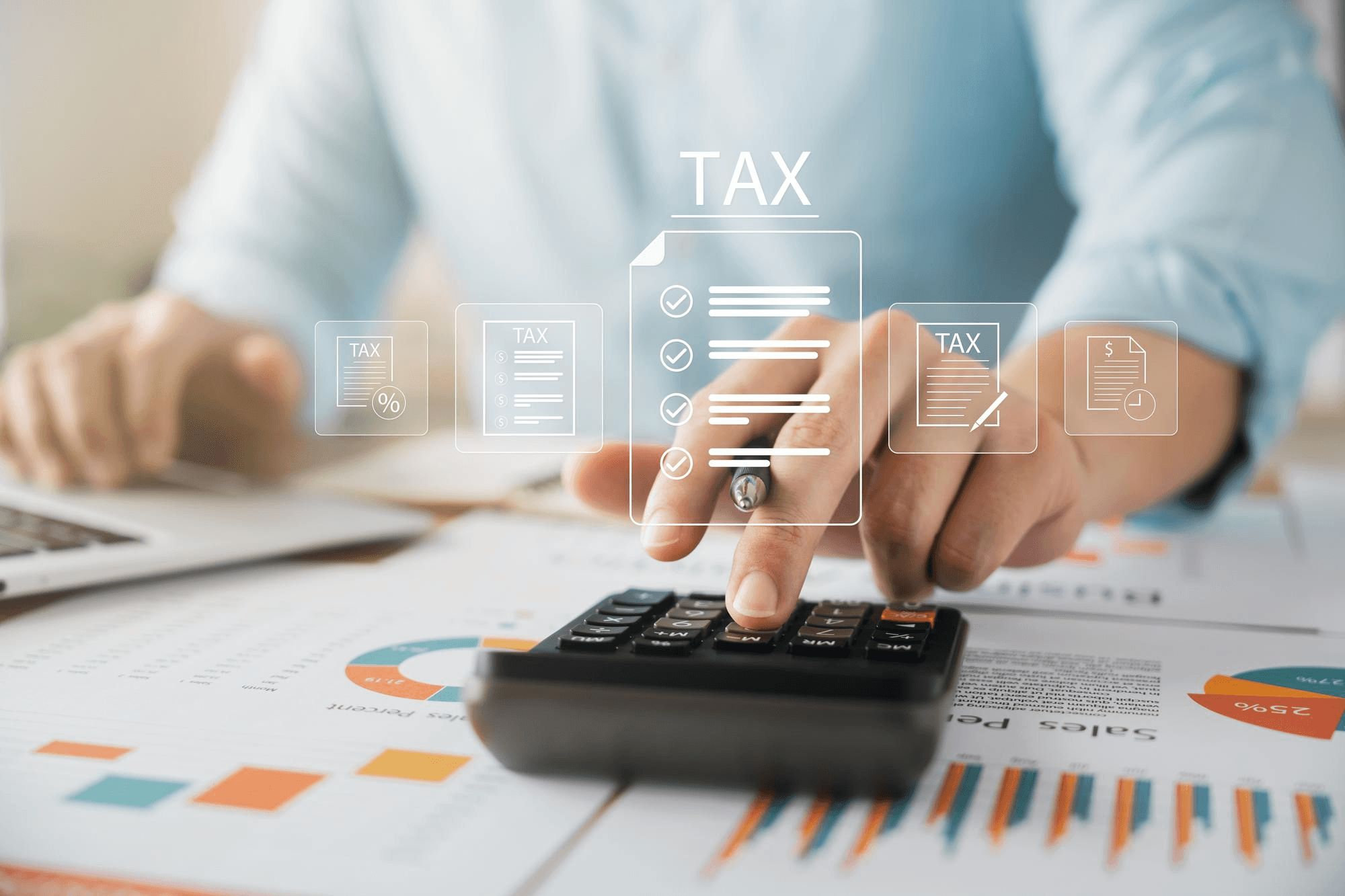 Man calculating taxes with illustrations.