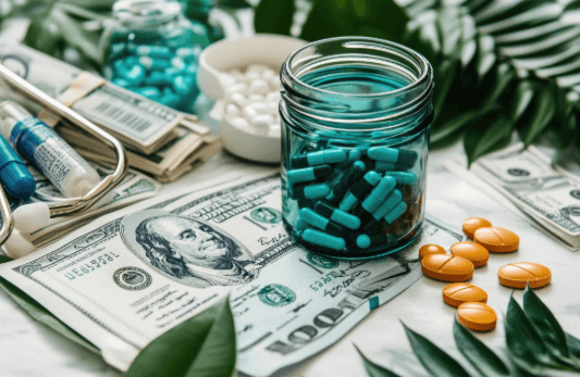 Money and tablets representing medical expenses.